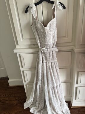 NADINE MERABI White Lace Tie-Shoulder Maxi Dress with Belt